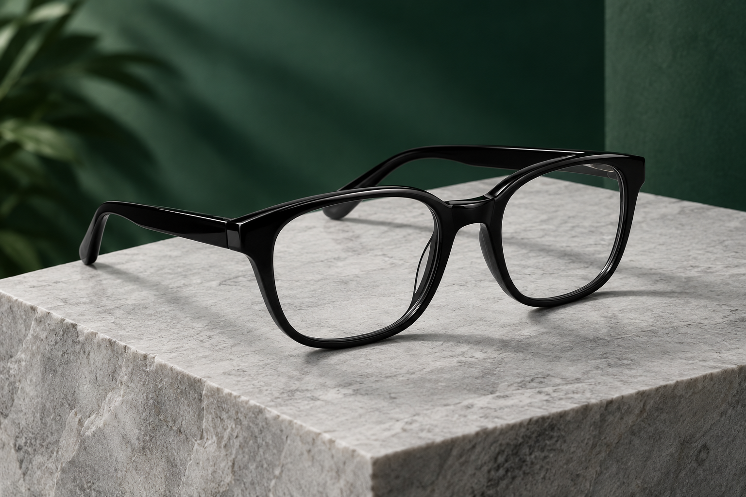 Black optical frames on a stone display