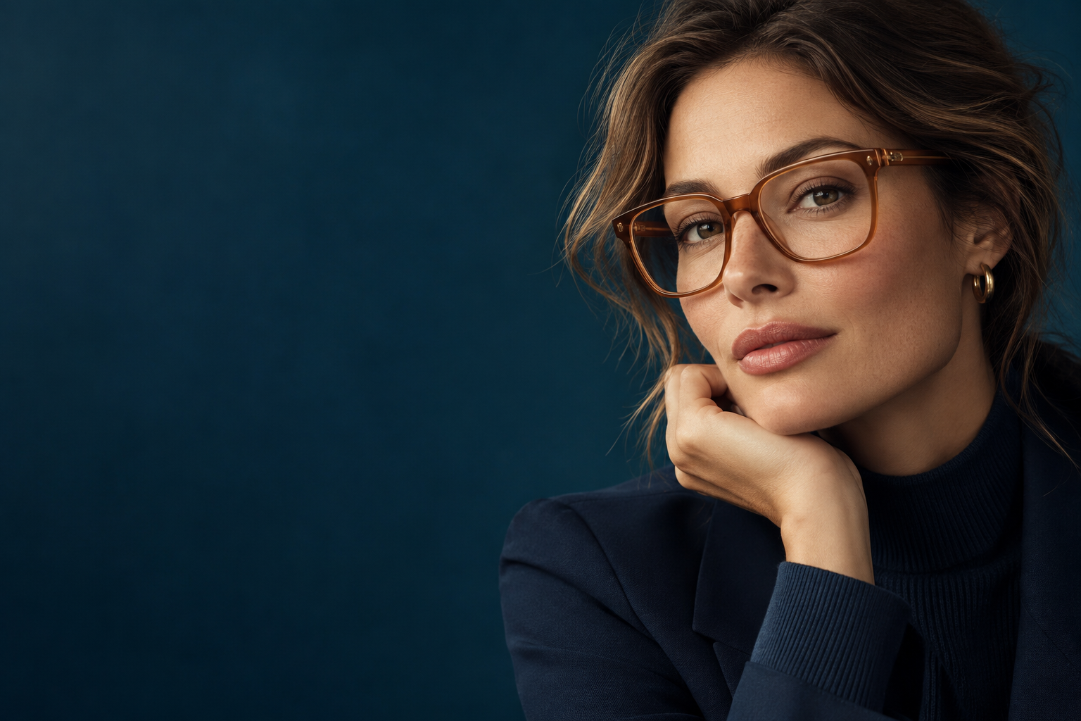 Woman wearing caramel acetate glasses and a navy outfit