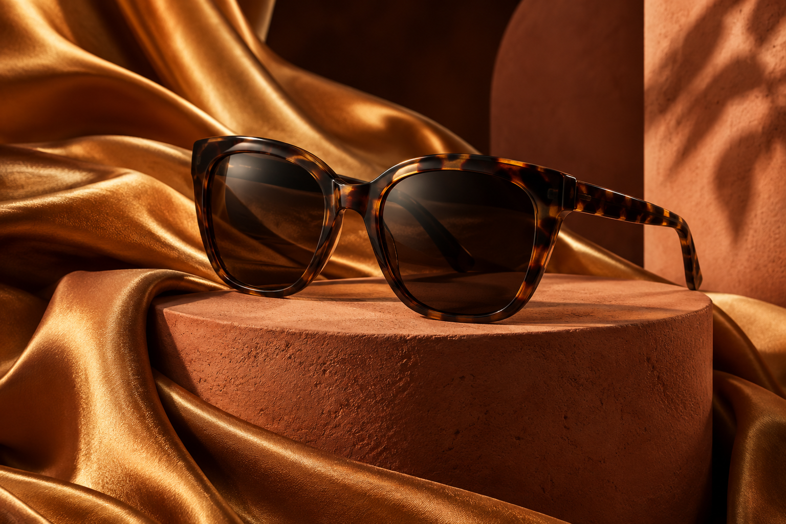 Tortoiseshell sunglasses on a warm sculptural display